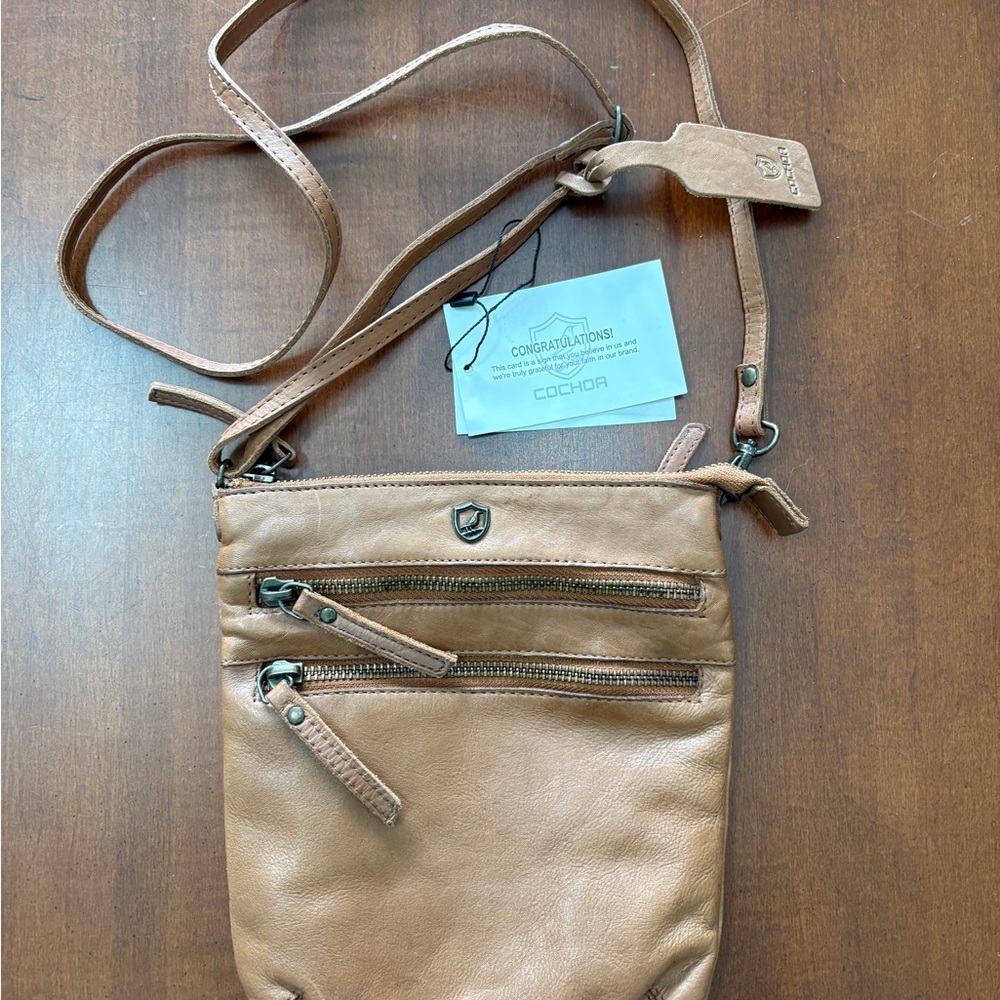 COACH Tan Leather Slim Crossbody Bag with Dual Zip Front Pockets